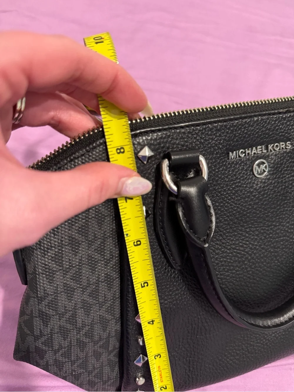 Michael Kors Black Studded Leather Satchel with Silver Hardware